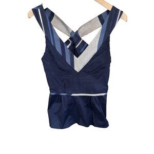 Abaete Sleeveless Blouse 8 Cotton Linen Zip Cotton Peplum V Neck Strap Blue